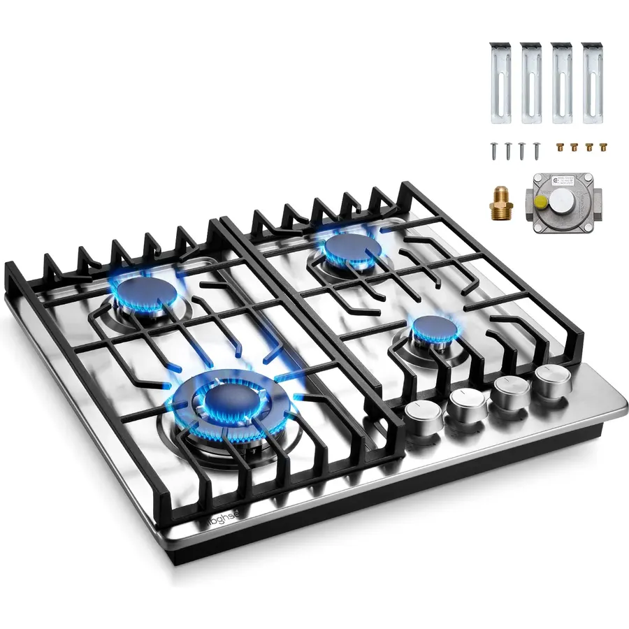 FVBADE 24inch 4 Burners Gas Cooktop Stainless Steel Built-in Gas Stove with NG/LPG Convertible Dual Fuel with Thermocouple Protection for Kitchen，Outdoor, Camping, RV