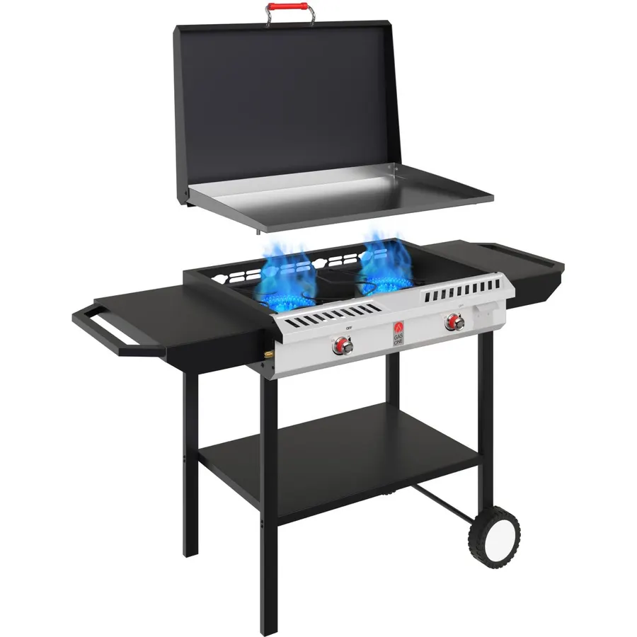 GasOne 2-Burner Propane Stove with Flat Top Grill – Modular Cast Iron Propane Gas Grill and Griddle with Cover and Side Shelves - Cart Grill with Wheels for Outdoor Cooking