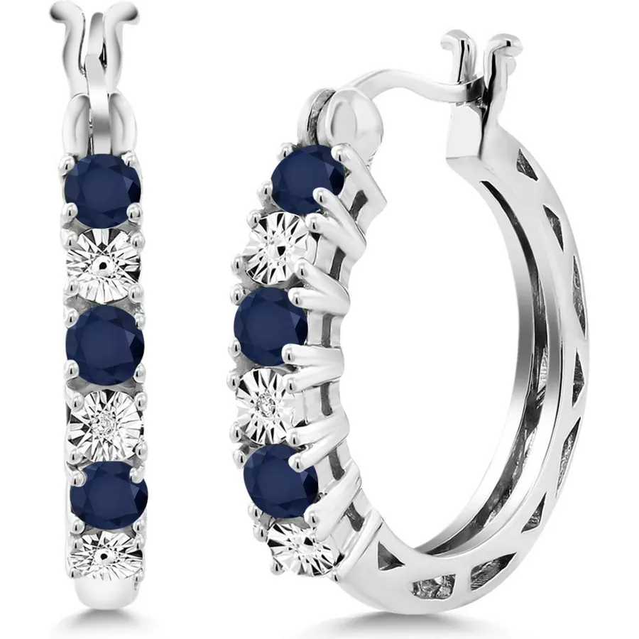 Gem Stone King 925 Silver Blue Sapphire and Lab Grown Diamond Hoop Earrings