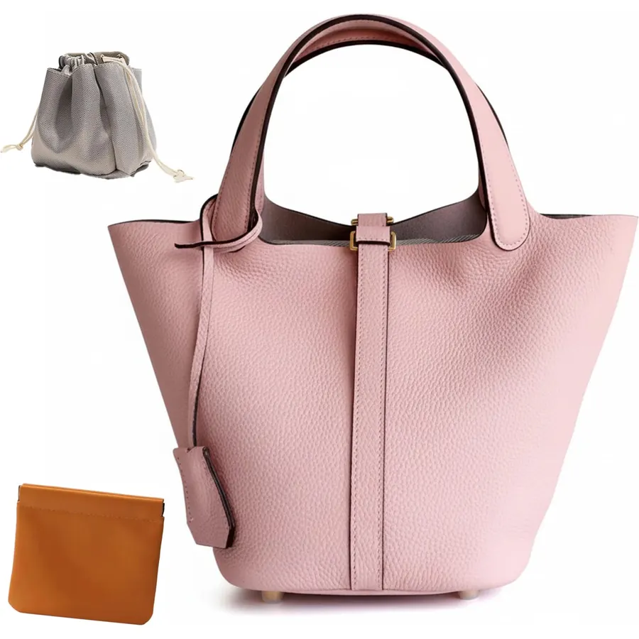 Genuine Leather Bucket Bag, Top-Handle Satchel Handbag with Lock