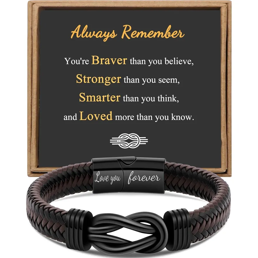 Gift for Men Infinity Bracelet for Men Dad Husband Boyfriend Son Grandson Brother Nephew Uncle Brown Braided Leather Forever Linked Together Stainless Steel Engraved with Love You Forever Jewelry 7.5|8.5|9 Inches