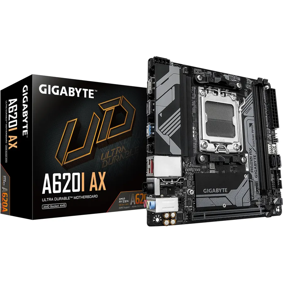 GIGABYTE A620I AX (AM5/ LGA 1718/ AMD/ A620/ Mini-ITX/ 5-Year Warranty/ DDR5/ Single M.2/ PCIe 4.0/ USB 3.2 Gen1 Type-C/Realtek Wi-Fi 6E/ Realtek 2.5GbE/ Q-Flash Plus/PCIe EZ-Latch/Motherboard)