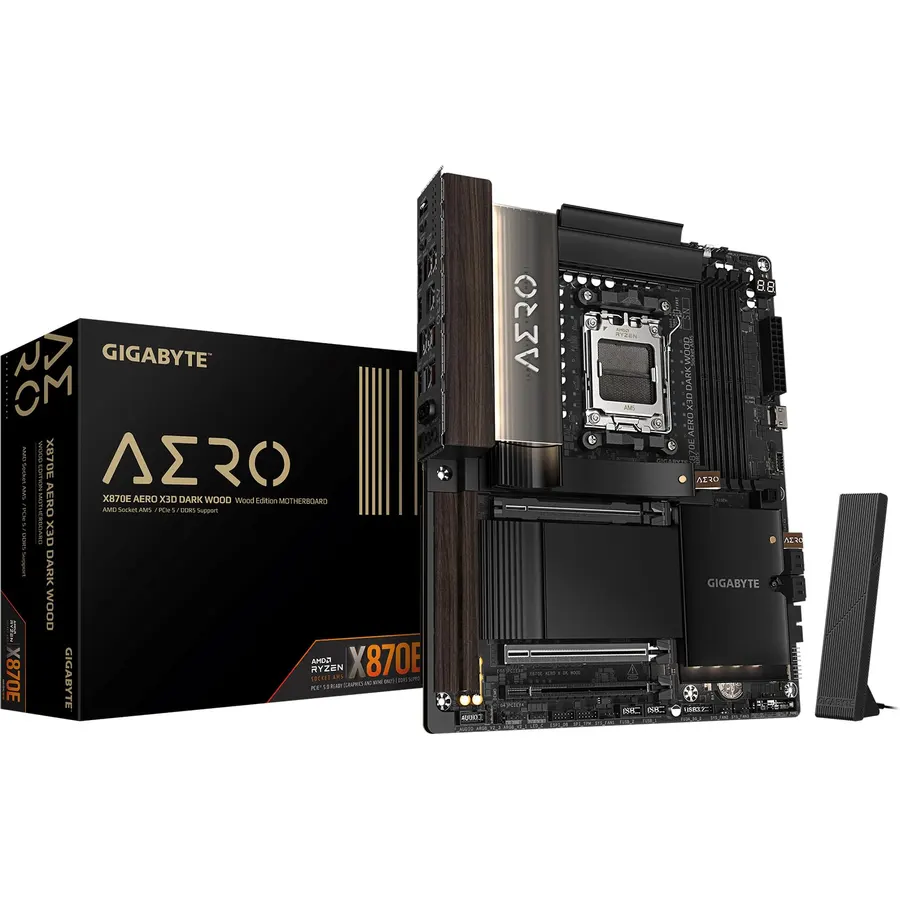 GIGABYTE X870E AERO X3D Dark Wood AMD AM5 ATX Motherboard, Support Ryzen 9000/8000/7000 Series, DDR5, 16+2+2 Power Phase, 4X M.2, PCIe 5.0, USB4, WIFI7, Dual 5GbE, EZ-Latch, 5-Year Warranty