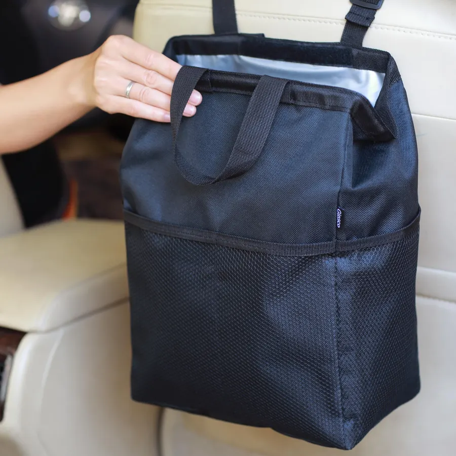 Ginsco New Leak-Proof Travel Car Trash Bag, 3.5 Gallons Large Capacity Hanging Car Trash Can with Hook and Loop Lid and Handle, Multipurpose Trash Bin with Storage Pockets for SUV RV Camping (Black)