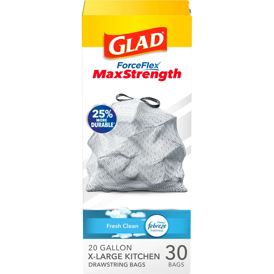 Glad ForceFlex MaxStrength XL Trash Bags, 20 Gal, Fresh Clean, 30 Ct (Package May Vary)