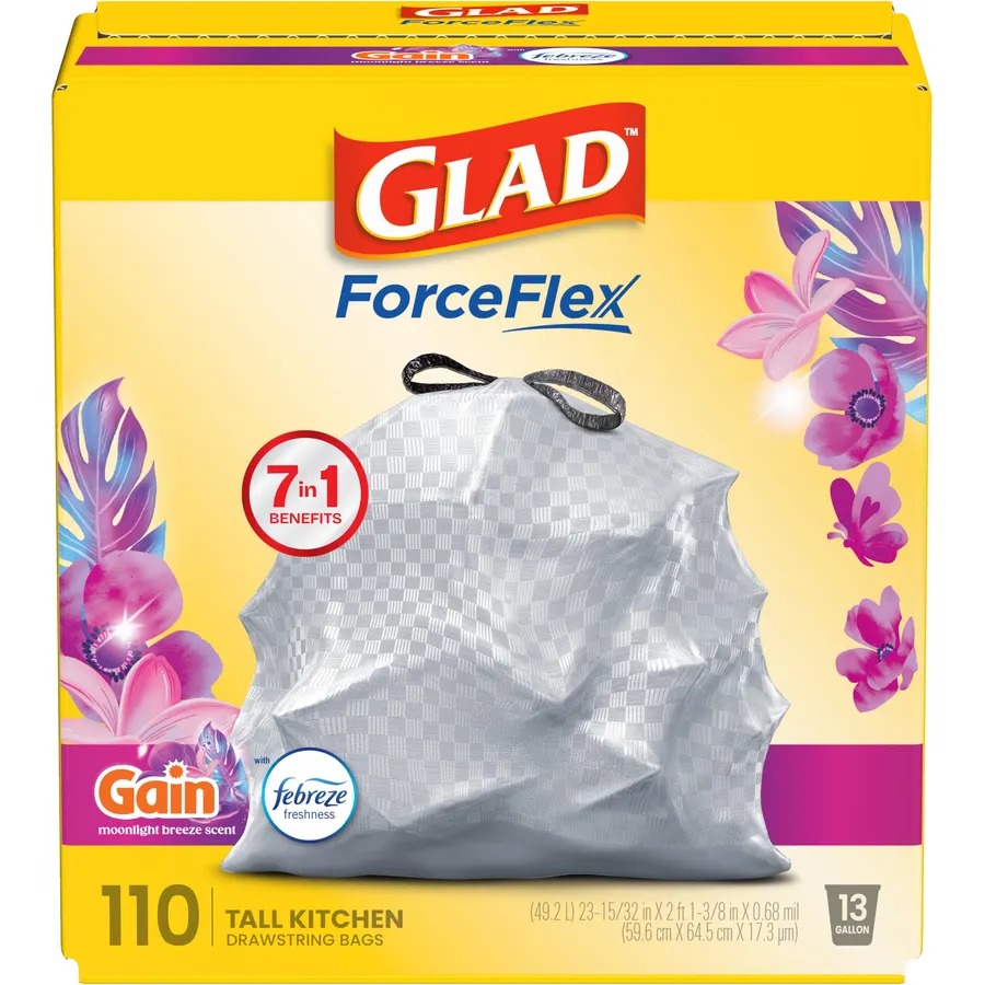 Glad ForceFlex Tall Kitchen Trash Bags, 13 Gallon, Gain Moonlight Breeze, 110 Ct (Package May Vary)