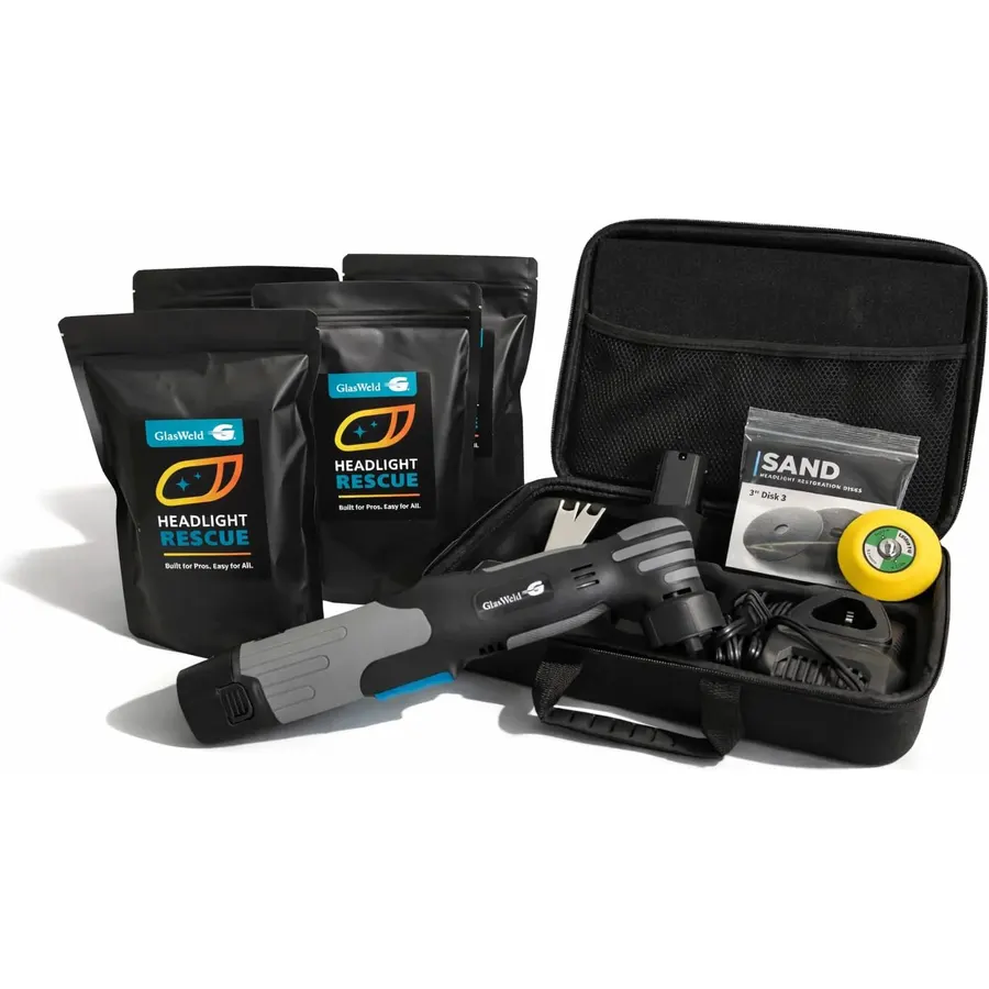GlasWeld Headlight Rescue Professional Kit – Professional Headlight Restoration System with Cordless Orbital Sander, Sanding Discs & Headlight Coating – Restore Cloudy, Yellowed & Oxidized Headlights