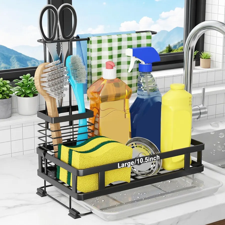Godboat Kitchen Sink Organizer with Brush Rack - Sink Caddy with Drain-Pan