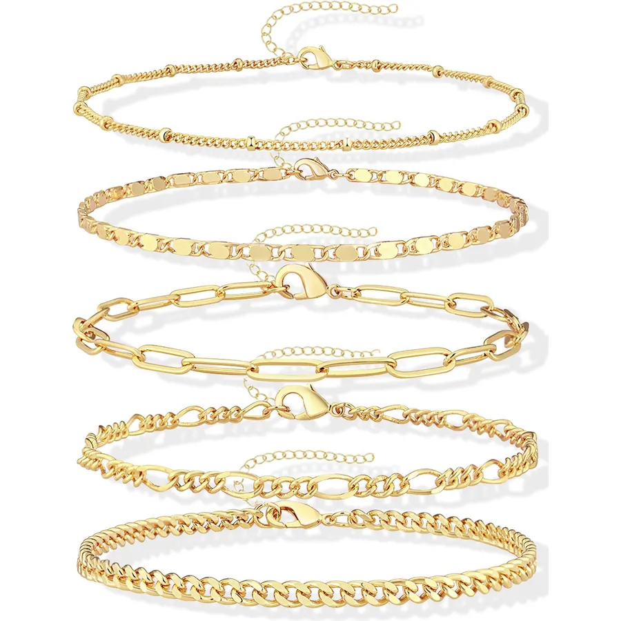 Gokeey Ankle Bracelets for Women Waterproof, 14k Gold Plated Jewelry Set Layered Cuban Figaro Link Chain Anklets Set Gold Anklets Summer Boho Beach Jewelry Gift Adjustable Size