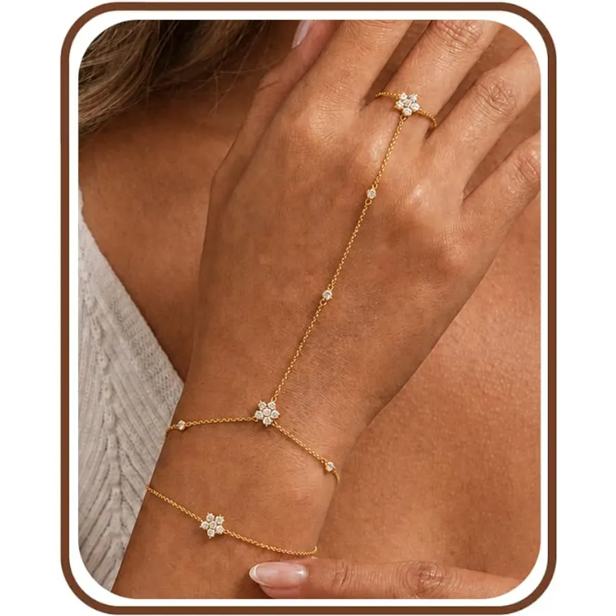 Gold Hand Chain Bracelet for Women Trendy, 14K Gold Rhinestone Flower Ringer Ring Bracelet Hand Chain Non Tarnish Dainty Stackable Bracelets Adjustable Hand Jewelry Summer Beach Minimalist Wedding Gifts