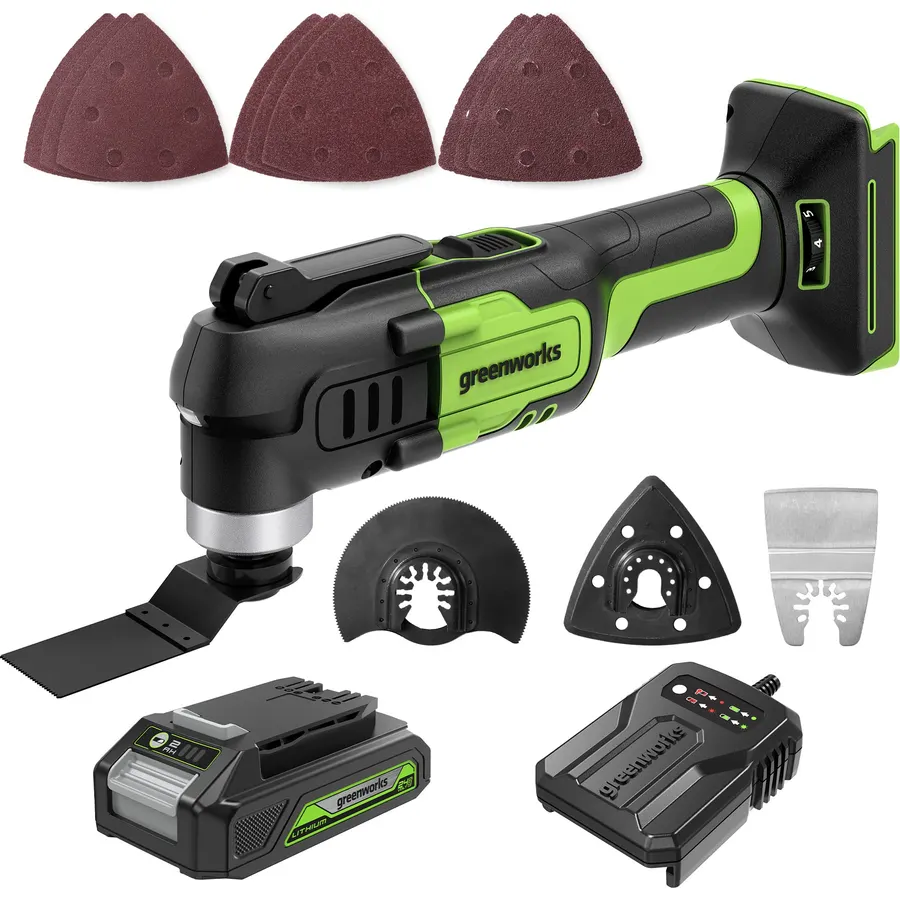 Greenworks 24V Cordless Multi-Tool, Oscillating Tool for Cutting/Nailing/Scraping/Sanding with 6 Variable Speed Control, 2.0Ah Battery, 2A Charger and 13 Accessories Included