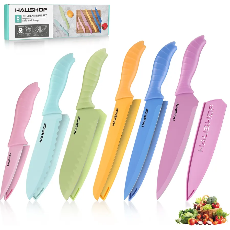 HAUSHOF 12-Piece Kitchen Knife Set, 6 Colorful Knives with 6 Sheaths