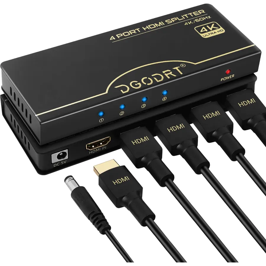 HDMI Splitter 1 in 4 Out 4K@60Hz, 1x4 4 Port HDMI 2.0 Splitter UHD Powered, Support HDCP Bypass, EDID Management, 18Gbps Bandwidth – 4-Way Output for TV, Fire Stick, PS5, Blu-ray