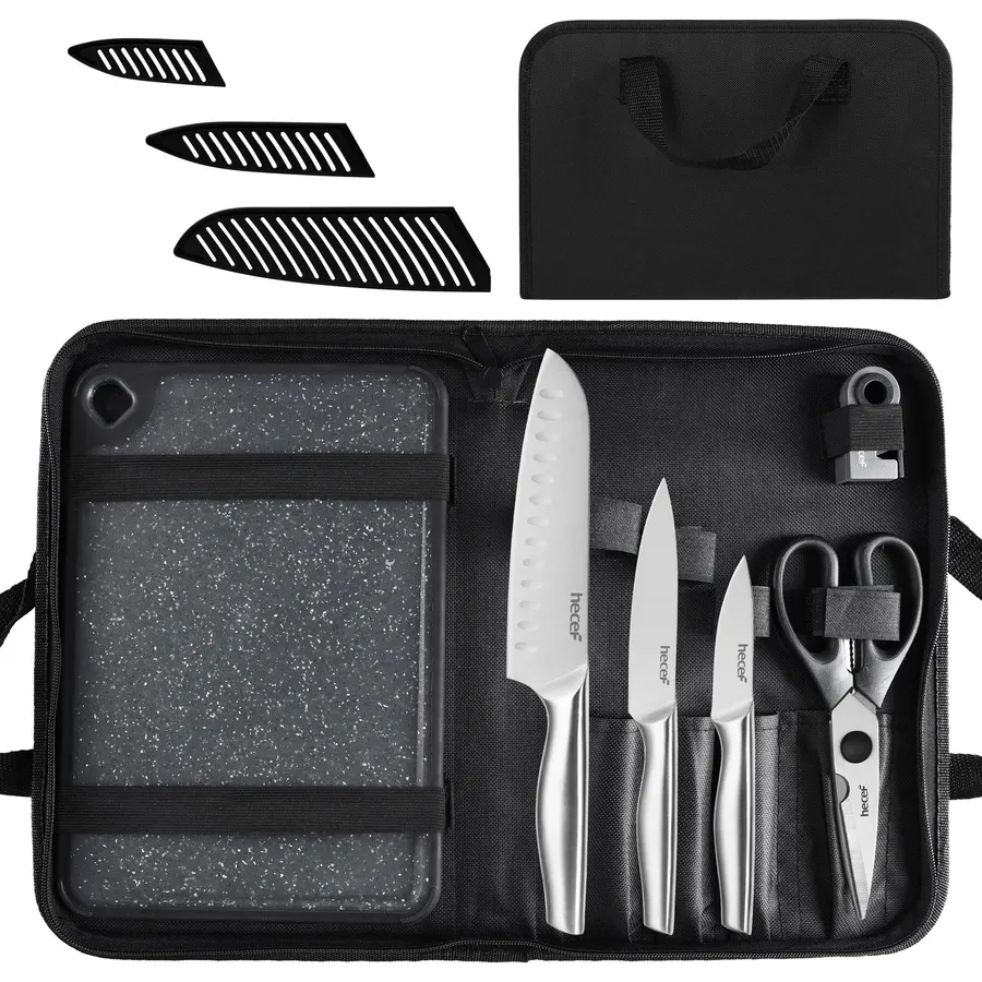 hecef 10-in-1 Knife Set with Heavy Duty Knife Bag, Reversible Cutting Board, Sheaths and Mini Sharpener, Stainless Steel Blade with Ergonomic Handle, Outdoor Utensils for Home, RV, Camping & Picnic