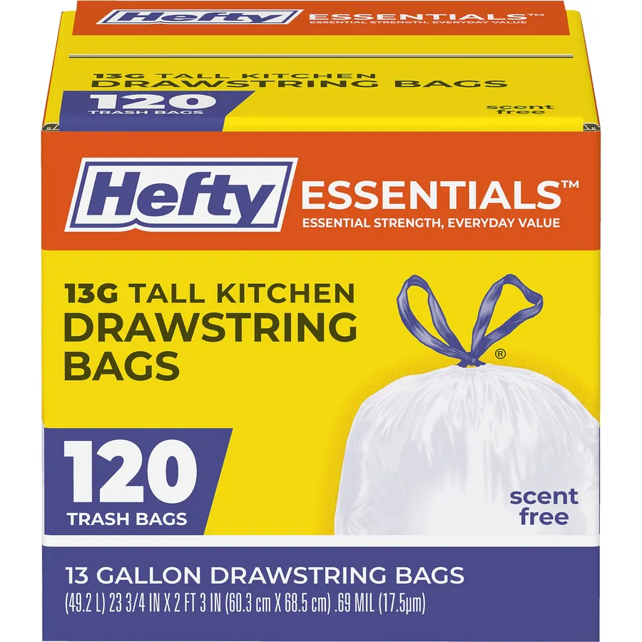 Hefty Essentials 13 Gallon Kitchen Trash Bags, White, Unscented, 120ct