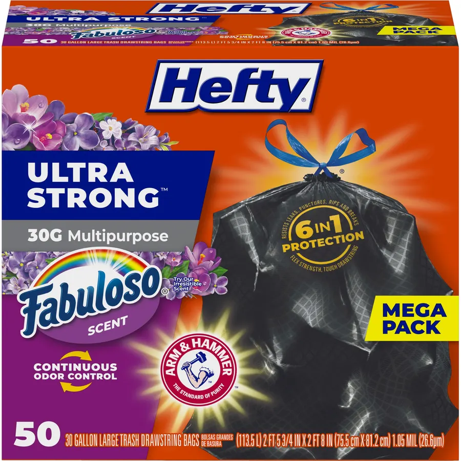 Hefty Ultra Strong 30 Gal Large Trash Bags, Black, Fabuloso Lavender, 50ct