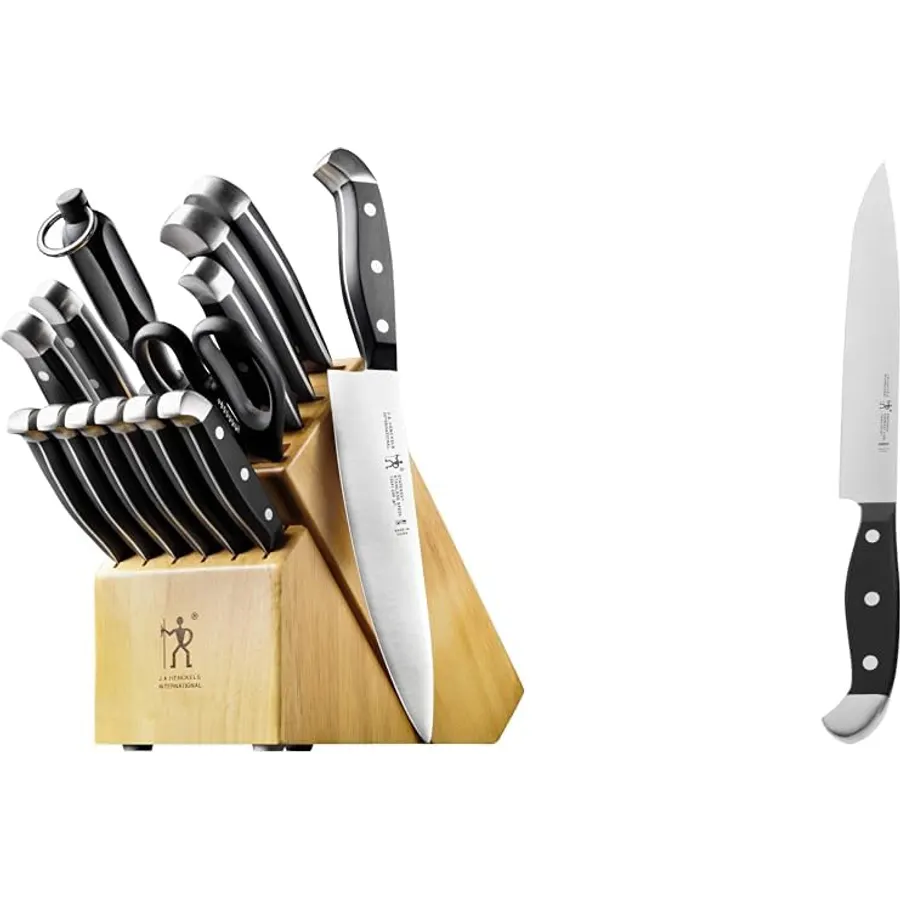 HENCKELS Premium Quality 15-Piece Knife Set with Block & Statement Razor-Sharp 8-inch Slicing Knife, German Engineered Informed by 100+ Years of Mastery, Black/Stainless Steel