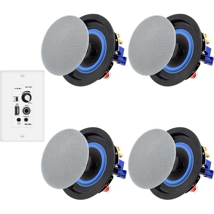 Herdio Bluetooth Ceiling Speakers Wired 4 Inches 2-Way with 4 Channel Amplifier Receiver for Home Theater Living Room Office(4 Speakers)