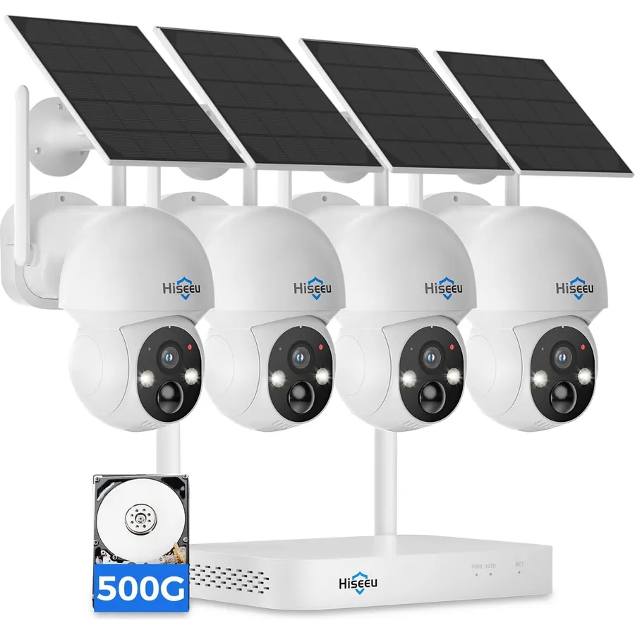 Hiseeu Solar Camera Wireless Outdoor, Home Security Camera System,500GB HDD
