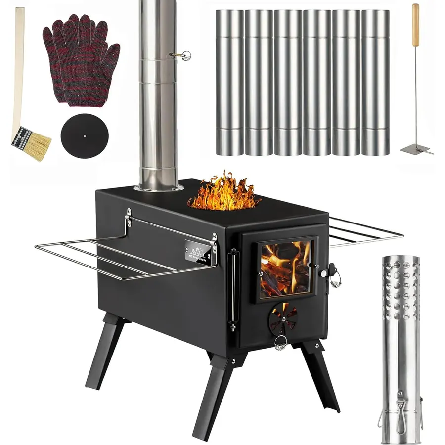 Hot Tent Stove,AVOFOREST Wood Burning Stove,Small Wood Stove with 7 Stainless Chimney Pipes for Outdoor Heating & Cooking, Ice Fishing, Hunting