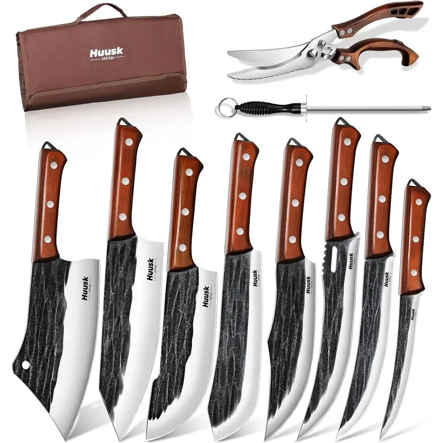 Huusk Butcher Knife Set, 10-Piece Hand Forged Chef Knife Set with Bag