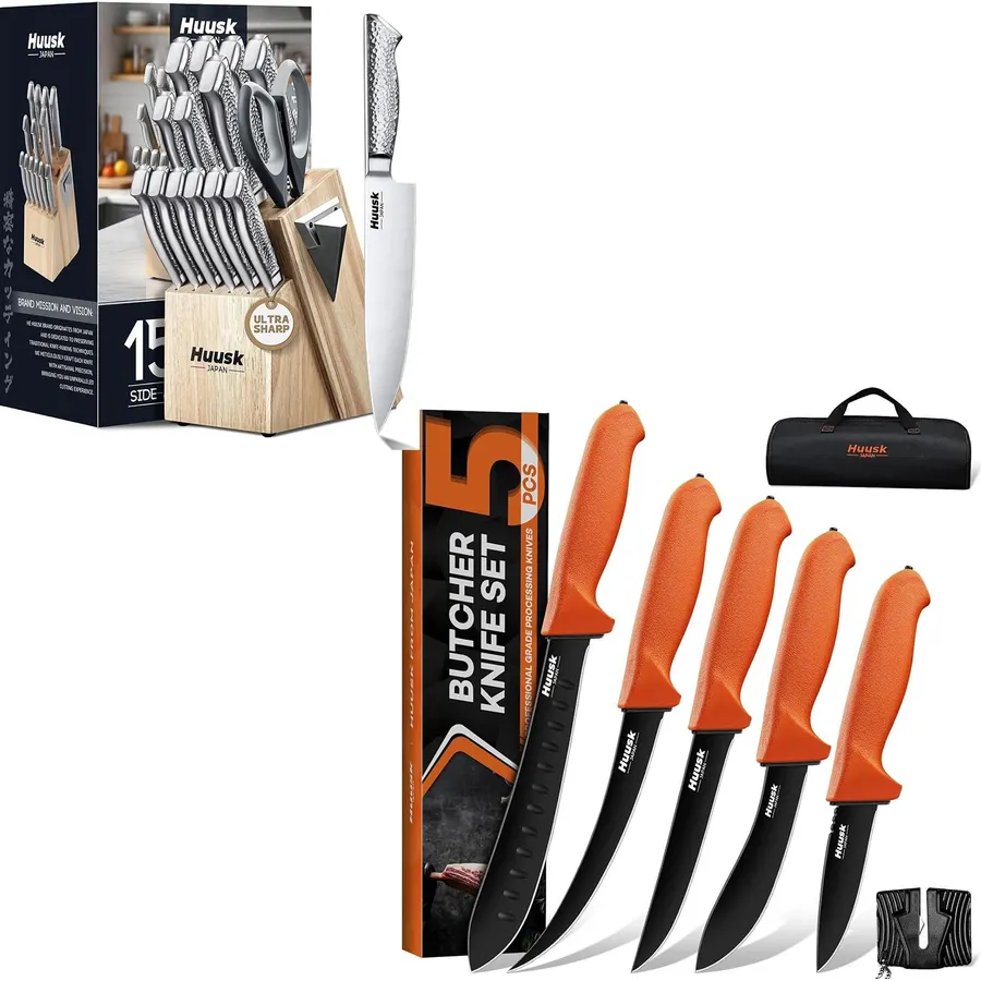 Huusk Forged Butcher Knife Set - 4 PCS Full Tang Kitchen Knife Set with Bag