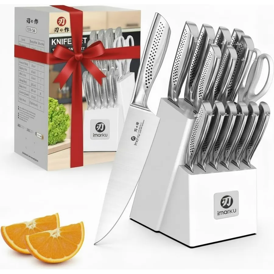imarku 15-Piece Knife Set with Block, Perfect for Home Cooks & Chefs, White