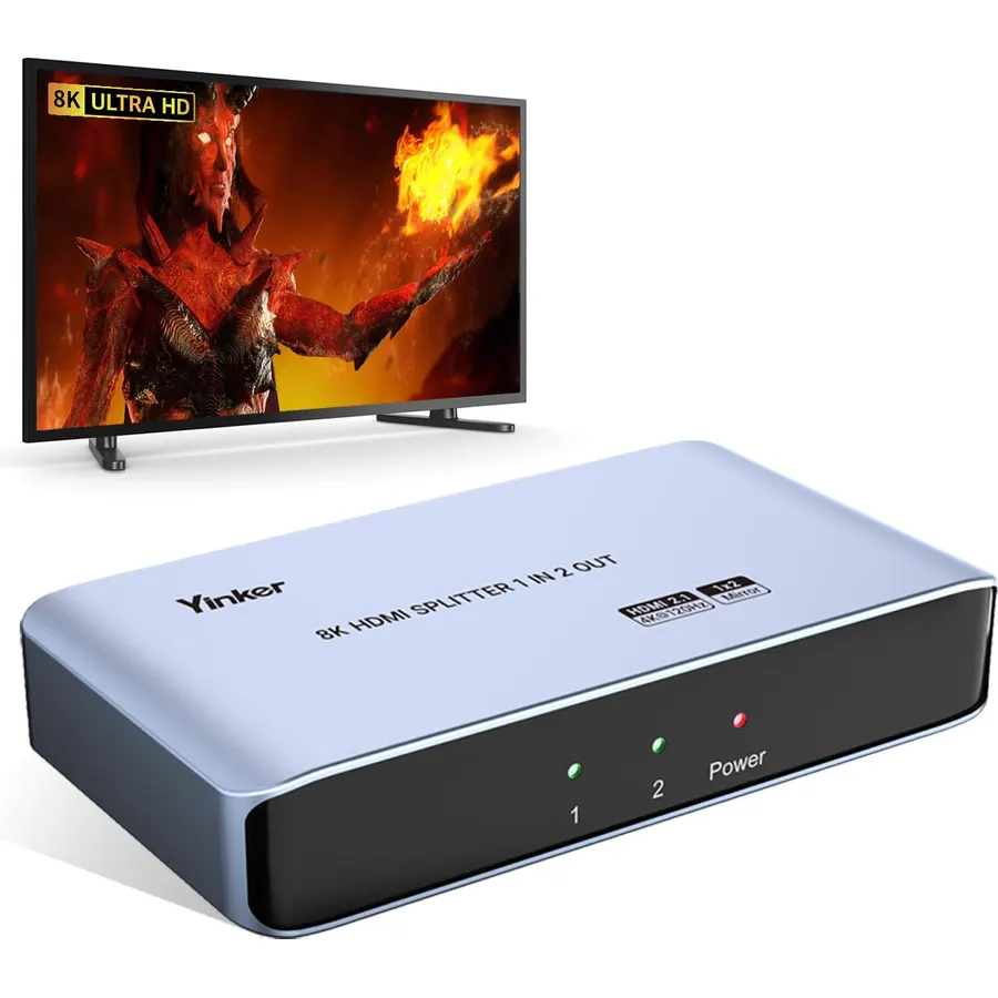 Industrial 8K HDMI 2.1 Splitter 1 in 2 Out (1x2), 40G Bandwidth, 8K@60Hz 4K@120Hz, Support HDCP 2.3 & EDID, Mirror/Duplicate Only, Plug & Play for PS5 Xbox Fire Stick HDTV