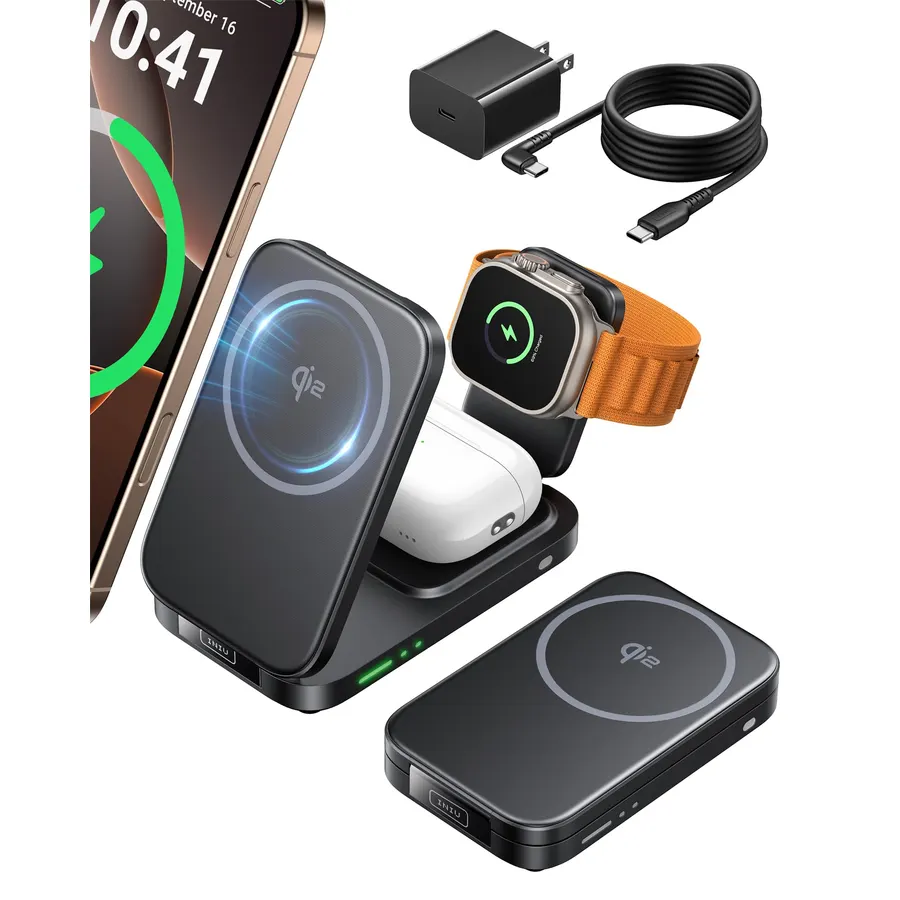 INIU 3 in 1 Foldable Wireless Charging Station, 15W Fast Mag-Safe Charger