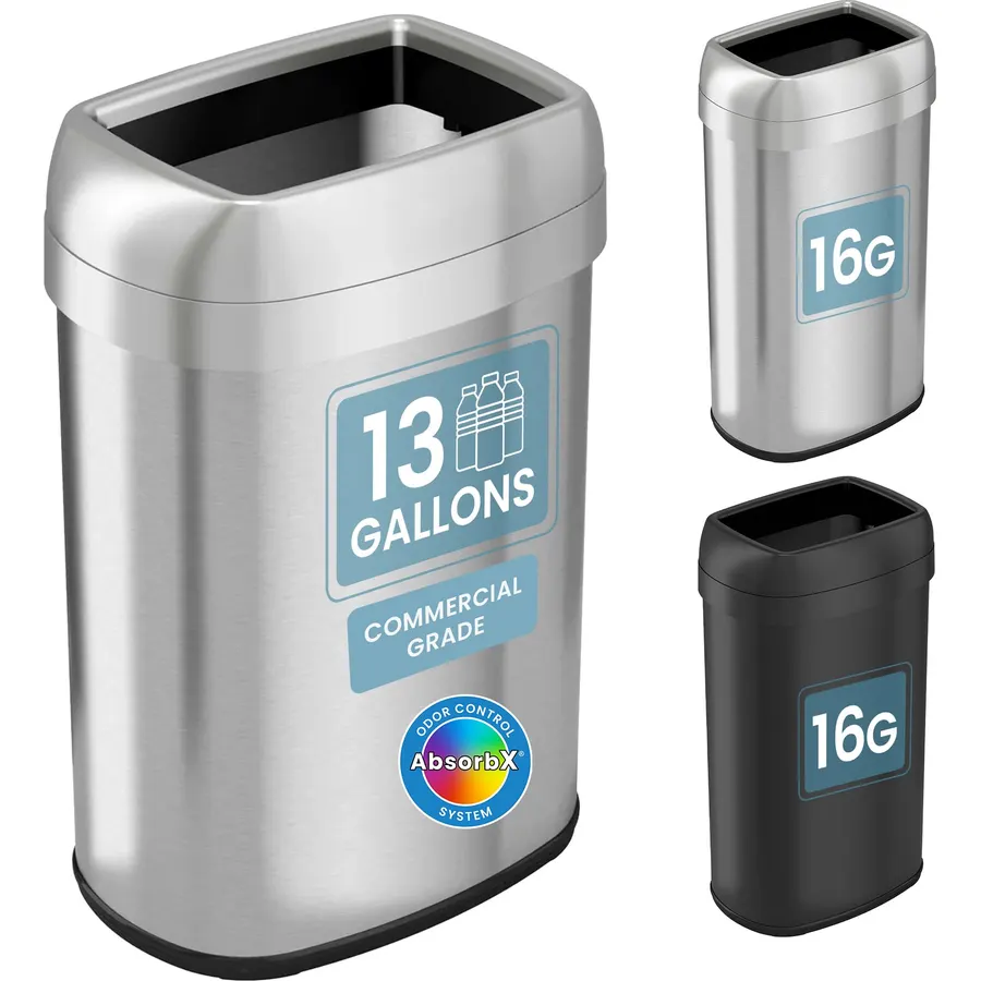 iTouchless 13 Gallon / 50L Open Top Trash Can, Oval Stainless Steel with Double AbsorbX Odor Filters – Fingerprint-Resistant Modern Kitchen and Office Waste Bin for Hassle-Free Disposal