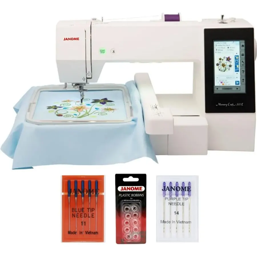 Janome Memory Craft 500E Limited Edition Embroidery Machine Bundle (White)