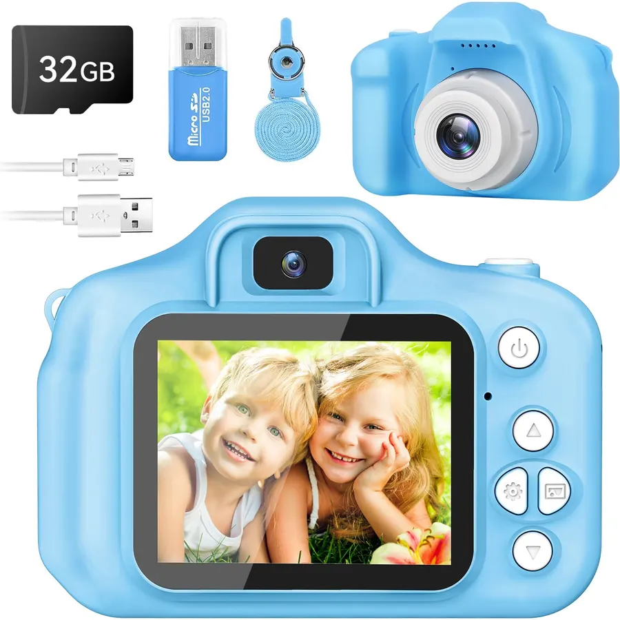 Blue Kids Camera Toys for Boys & Girls, LETONGJH 1080P HD Toddler Digital Video Camera with SD Card, Shockproof Christmas Birthday Gifts for 3 4 5 6 7 8 Year Old
