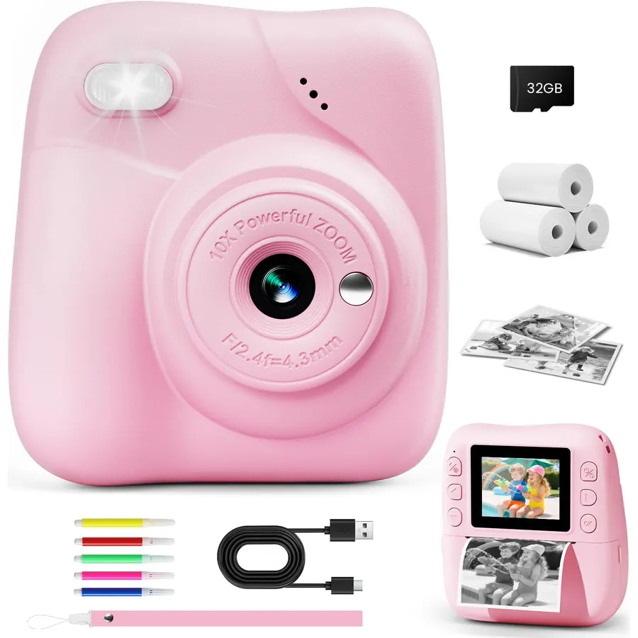 Kids Camera Instant Print, 1080P Camera with 32GB Card, Blue | Includes 3 Print Paper, 2.0" Screen Digital Camera, 10X Zoom, Birthday for Boys & Girls Ages 3-12