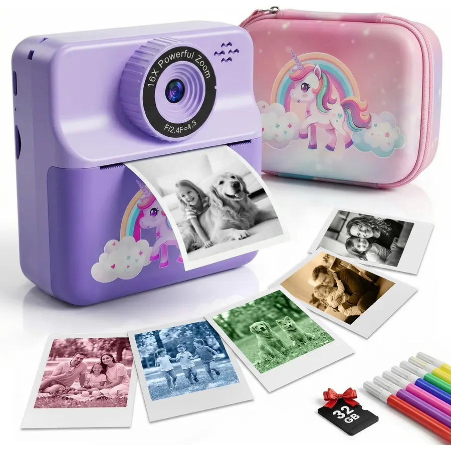 Kids Camera Instant Print with Carrying Case, Digital Selfie Camera with 6 Rolls Print Paper, 5 Monochrome Colors, 32GB SD Card, Portable Toddler Camera for Girls 3-12, Christmas Birthday Gift