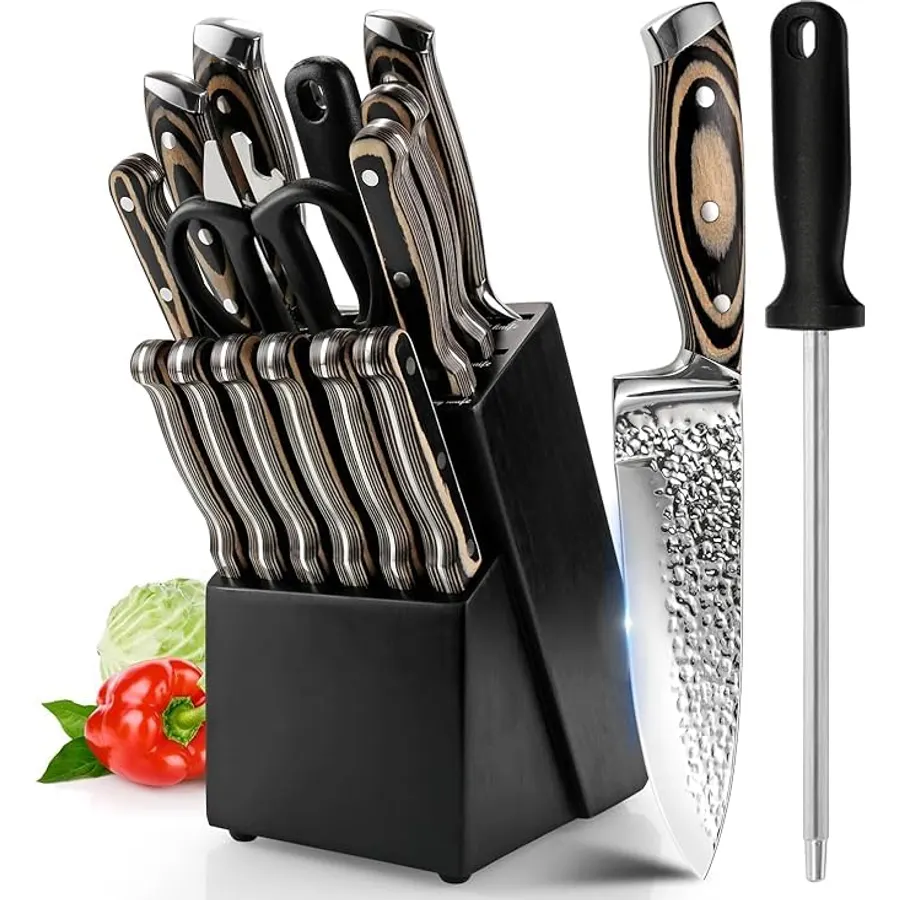 Kitchen Knife Set,15-Piece Knife Set With Block Wooden，gray