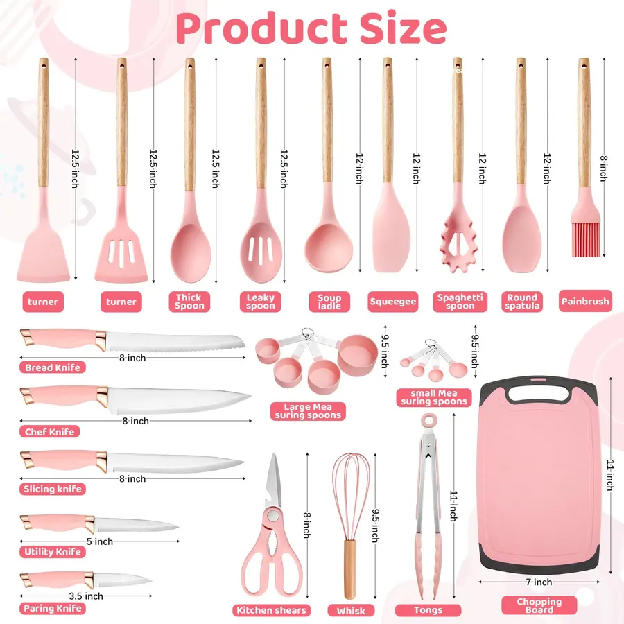 Kitchen Utensils Set,37 Piece Cooking Utensils and Knife Set,Pink