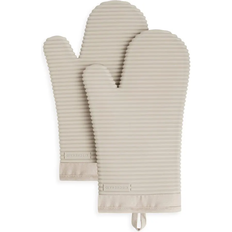 KITCHENAID Ribbed Soft Silicone Oven Mitt 2-Pack Set, 7.5"x13", Milkshake Tan