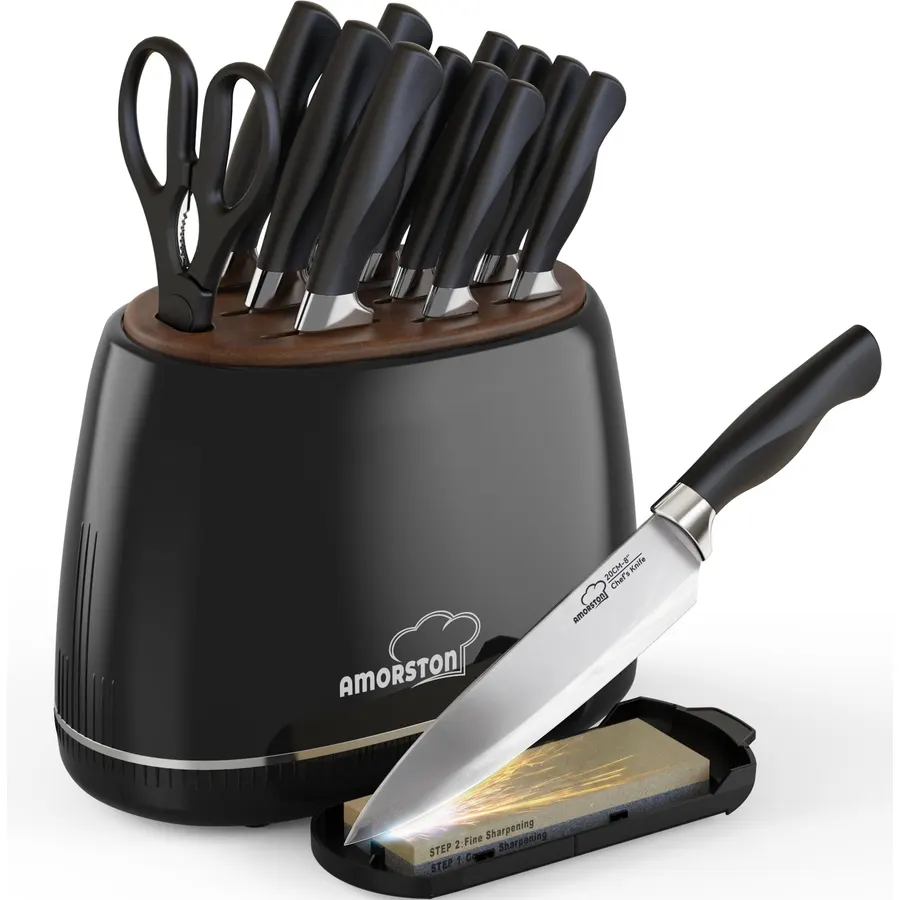 Knife Set, Amorston 14-Piece Kitchen Knives Set with Block & Sharpening Stone, Stainless Steel Dishwasher Safe, Knife Block Set with Ergonomic Handle, Professional Kitchen Knives for Home Cooking