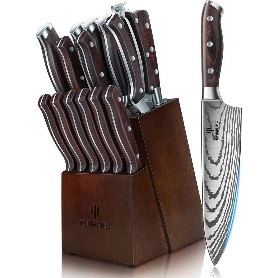 Huusk Knife Set with Block and Sharpener,15 Pcs Japanese Stainless Steel Kitchen Knife Sets Dishwasher Safe,Viking Knife with Sheath, Meat Cleaver Knife for Meat Cutting