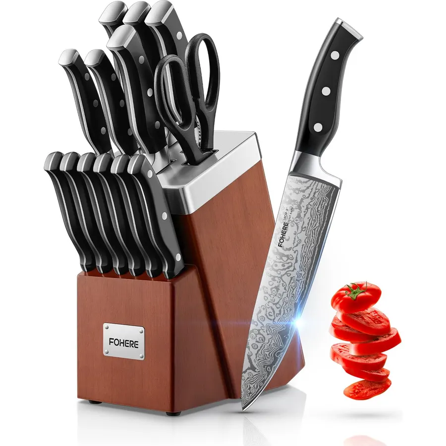 Knife Set, FOHERE 14 Pieces Self Sharpening Knife Block Set, High Carbon Stainless Steel Waved Pattern Knife Set with Block, Rust & Stain Resistant Kitchen Knives and Triple Riveted Handle, Black