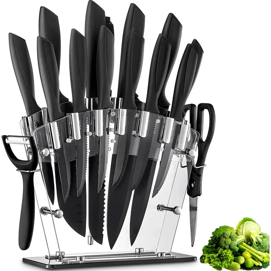 Knife Set, 16 Pcs Stainless Steel Kitchen Knives Set with Acrylic Stand, Sharpener, Scissors, and Peeler, Nonstick and No Scratch