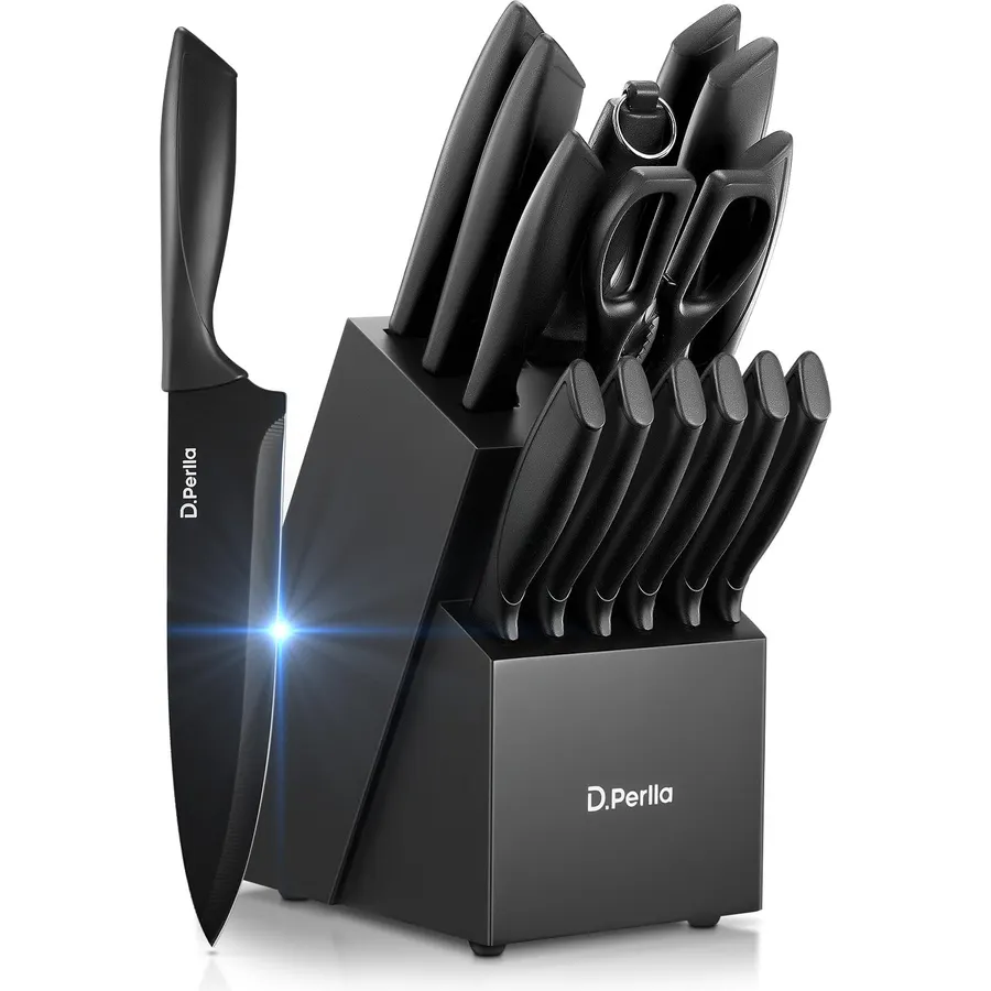 Knife Set, D.Perlla 15 Pieces Knife Sets for Kitchen with Block, Dishwasher Safe Kitchen Knife Set with Sharpener Rod, Black Coating German Stainless Steel Knife Block Set, Non-stick & Non Rust, Black