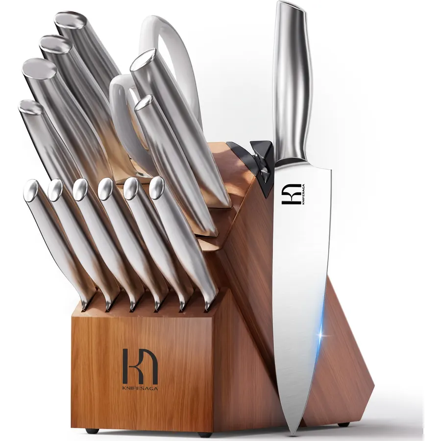 15 Pcs Kitchen Knife Block Set, Enduring Razor-Sharp High Carbon Stainless Steel Chef Knife Set with Block and Sharpener, Premium Knife Set for Kitchen, White Acacia