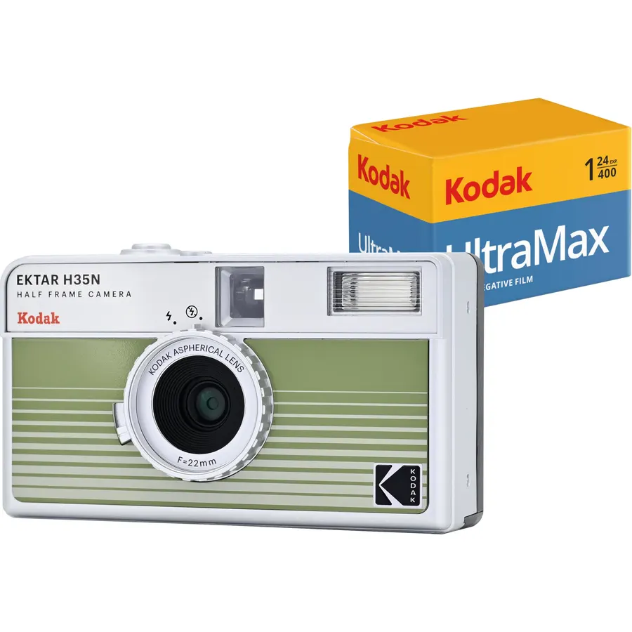 Kodak EKTAR H35N Half Frame Film Camera Bundle with Kodak Ultramax 400/24EXP 35mm Roll Film (Striped Green, Bundle)
