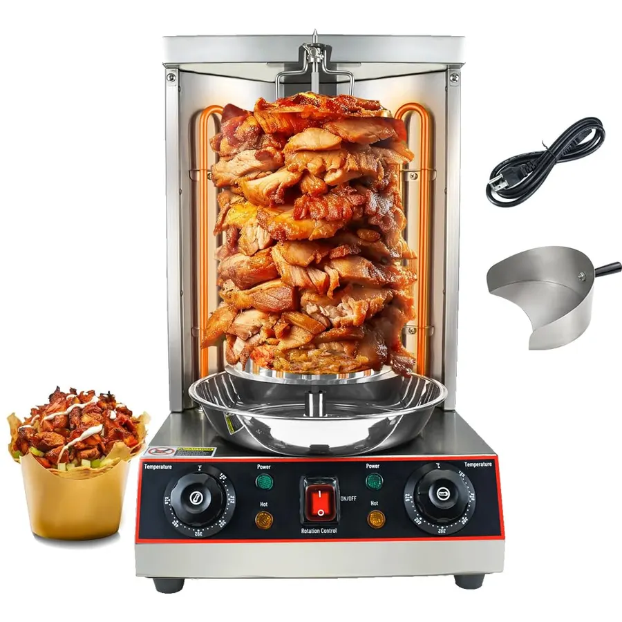KOOTEN Shawarma Grill Machine Electric Vertical Kebab Gyro Grill Machine Rotisserie Broiler Machine with 2 Burners and Meat Catch Pan, 3000W
