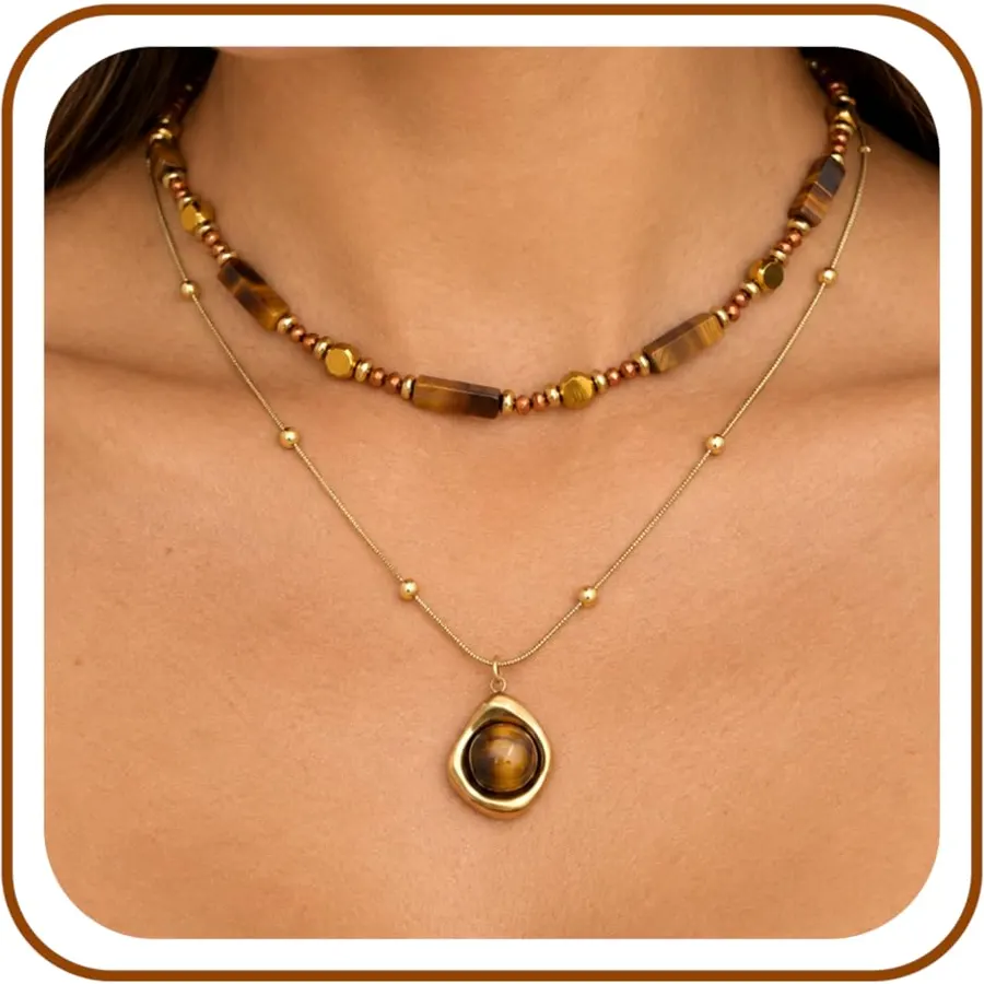 Layered Tigers Eye Beaded Necklace for Women