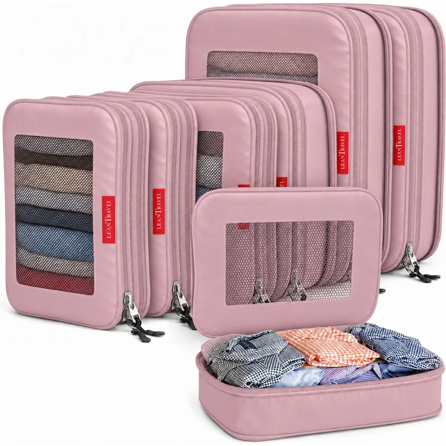 LeanTravel Premium Compression Packing Cubes for Travel - Suitcase Organizer Bags with Double Zipper & Breathable Mesh Panel - Space Saving Carry On Luggage Essentials (6-Pack, Purple)