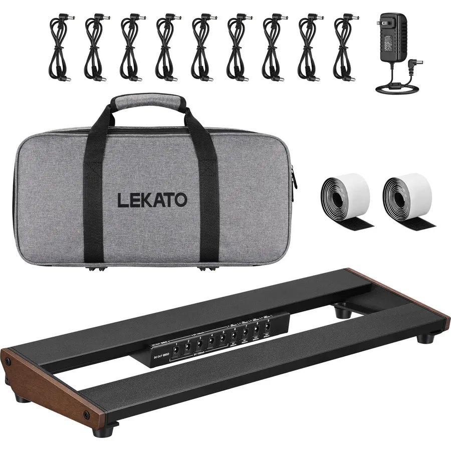 LEKATO Guitar Pedal Board, Pedal Board with Built-in Power Supply, 15.5x5.1x1.6" 1.3LB, Aluminum Alloy Powered Pedal Board with Pedal Cables, Bag, Adhesive Hookside Tape