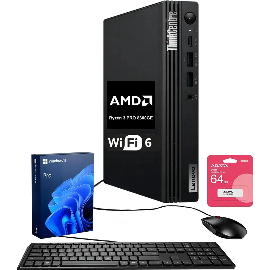 Lenovo ThinkCentre M75q Tiny Business Desktop, AMD 4-Core Ryzen 3 8300GE, 32GB DDR5, 1TB SSD, Support 2-Monitor 4K, HDMI, DP, Wi-Fi 6, Wired KB & Mouse, Windows 11 Pro, Bundle ADATA 64GB Flash Drive