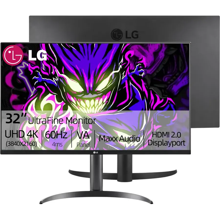 LG 32" 4K UHD(3840 x 2160) Ultrafine Monitor, 60Hz, HDR10, 90% DCI-P3, Dynamic Action Sync, Dual Controller, Black Stabilizer, Flicker Safe, HDMI & DisplayPort, Pivot/Height/Tilt Adjustment, Black